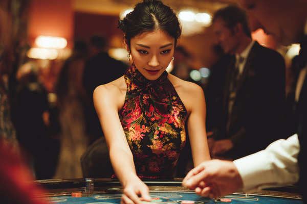 Sảnh chính AALIVE Casino với bàn chơi sang trọng và ánh sáng vàng ấm áp